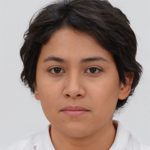 Neutral asian young-adult female with medium  brown hair and brown eyes