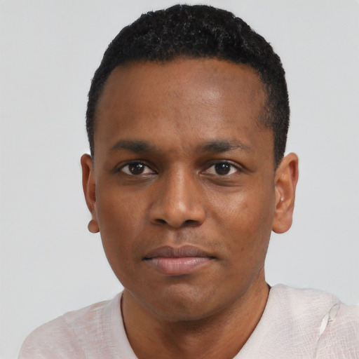 Neutral black young-adult male with short  black hair and brown eyes