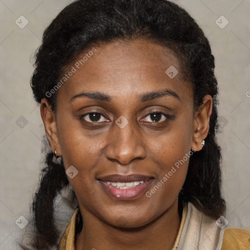 Joyful black young-adult female with medium  brown hair and brown eyes