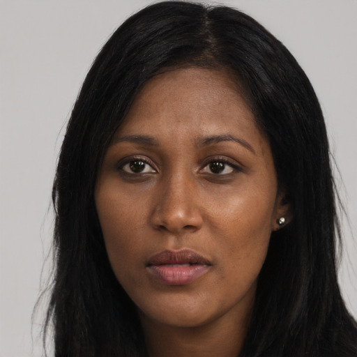 Neutral asian young-adult female with long  black hair and brown eyes