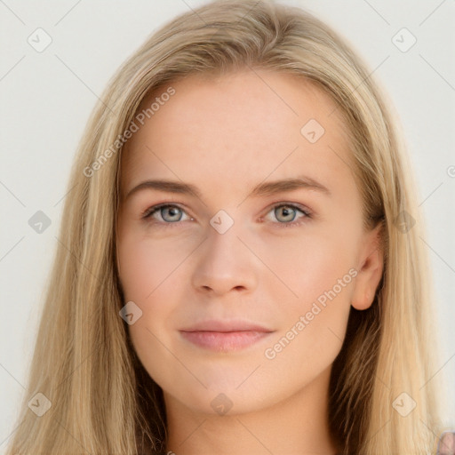 Neutral white young-adult female with long  brown hair and grey eyes