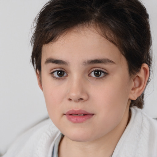 Joyful white child female with medium  brown hair and brown eyes