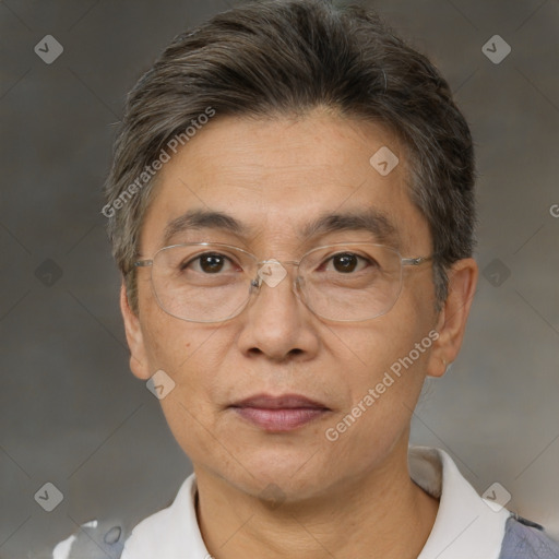 Joyful white middle-aged male with short  brown hair and brown eyes