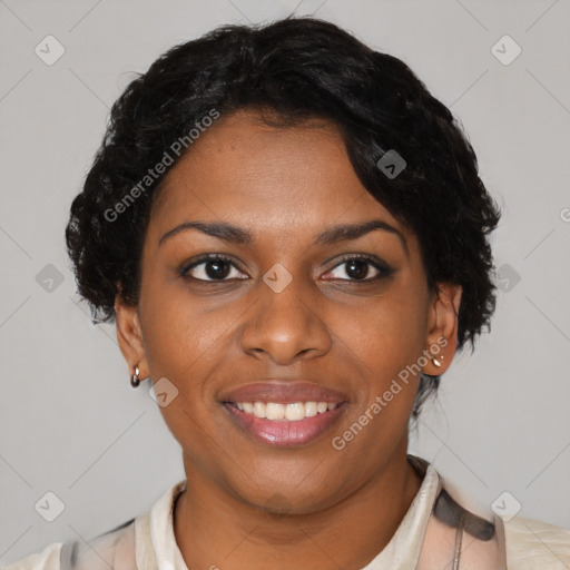 Joyful latino young-adult female with short  black hair and brown eyes