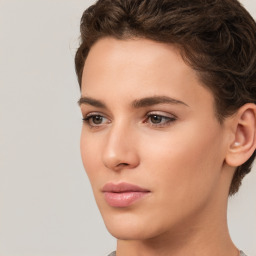 Neutral white young-adult female with short  brown hair and brown eyes