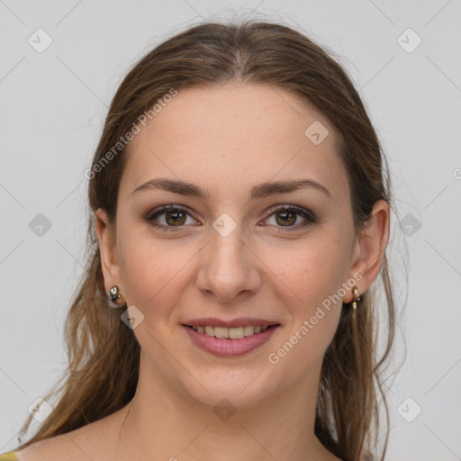 Joyful white young-adult female with medium  brown hair and grey eyes