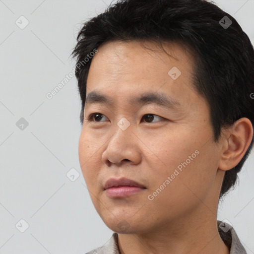 Neutral asian young-adult male with short  black hair and brown eyes
