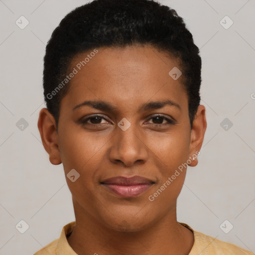 Joyful black young-adult female with short  black hair and brown eyes