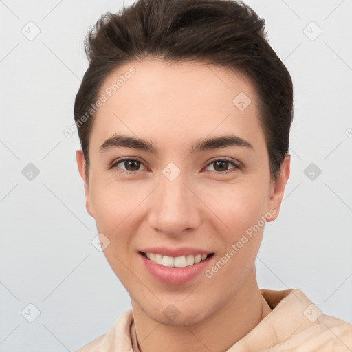 Joyful white young-adult female with short  brown hair and brown eyes