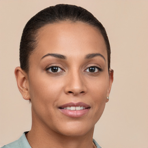 Joyful white young-adult female with short  brown hair and brown eyes