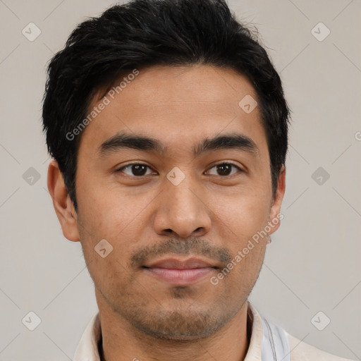 Neutral asian young-adult male with short  brown hair and brown eyes