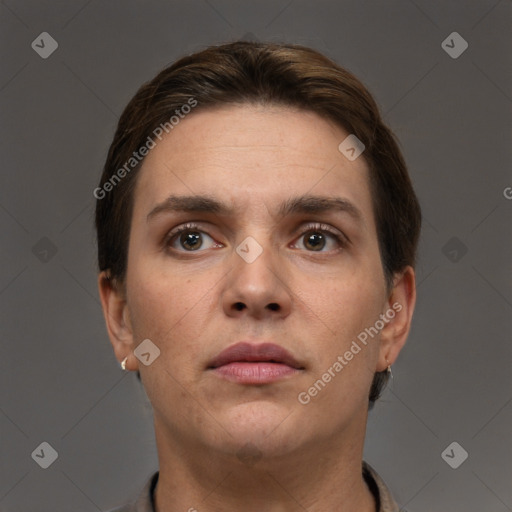 Neutral white young-adult female with short  brown hair and brown eyes