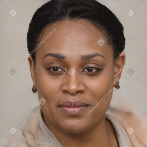 Joyful latino young-adult female with short  black hair and brown eyes