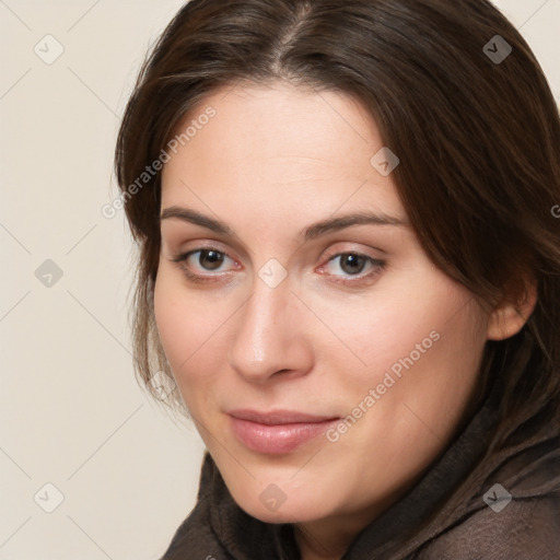 Neutral white young-adult female with medium  brown hair and brown eyes