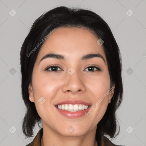 Joyful white young-adult female with medium  black hair and brown eyes