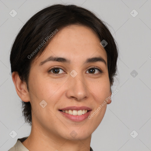 Joyful white young-adult female with medium  brown hair and brown eyes