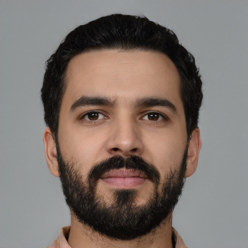 Neutral latino young-adult male with short  black hair and brown eyes