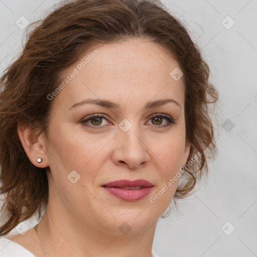 Joyful white young-adult female with medium  brown hair and green eyes