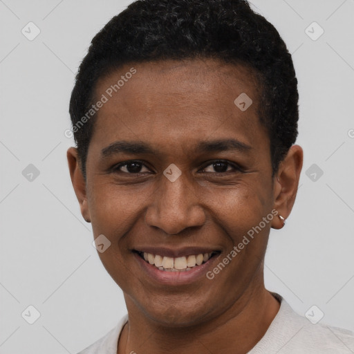 Joyful black young-adult male with short  black hair and brown eyes