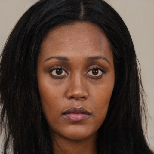 Neutral asian young-adult female with long  brown hair and brown eyes