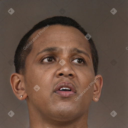 Neutral black adult male with short  brown hair and brown eyes