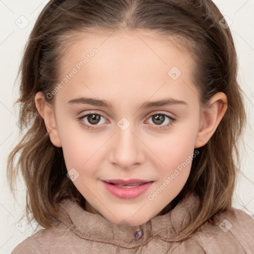 Joyful white child female with medium  brown hair and brown eyes