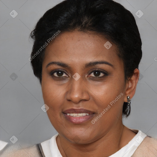 Joyful latino young-adult female with short  brown hair and brown eyes