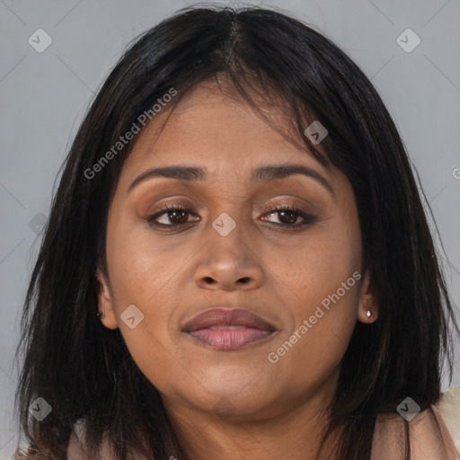 Joyful asian young-adult female with long  brown hair and brown eyes