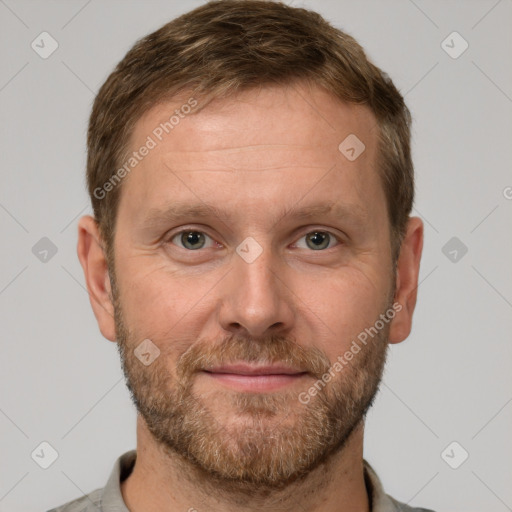 Neutral white adult male with short  brown hair and grey eyes