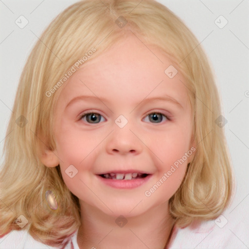 Joyful white child female with medium  brown hair and blue eyes