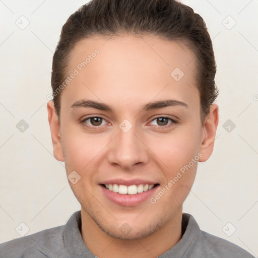 Joyful white young-adult female with short  brown hair and brown eyes