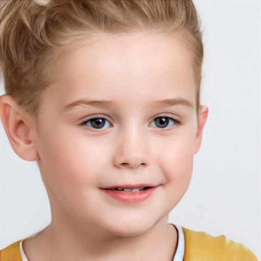 Joyful white child female with short  brown hair and brown eyes