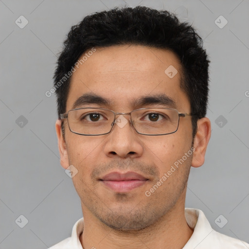 Neutral asian young-adult male with short  black hair and brown eyes