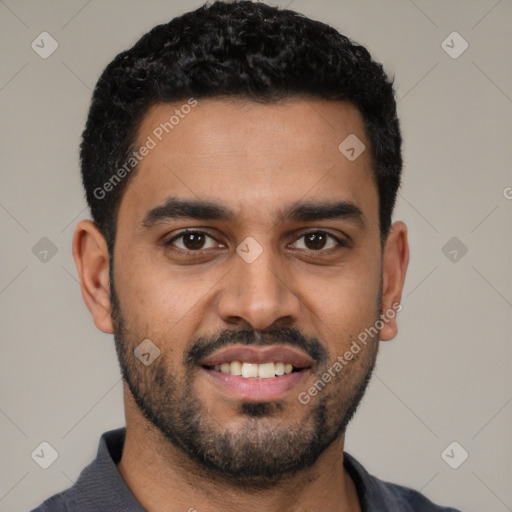 Joyful latino young-adult male with short  black hair and brown eyes