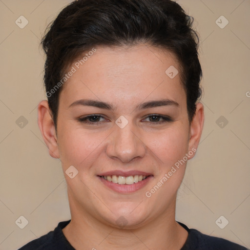 Joyful white young-adult female with short  brown hair and brown eyes