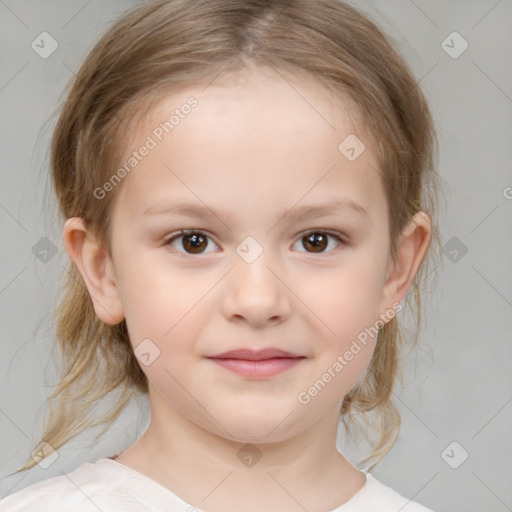 Joyful white child female with medium  brown hair and brown eyes