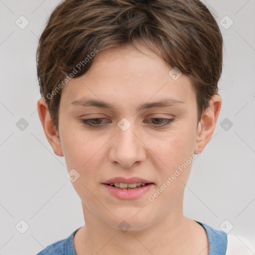 Joyful white young-adult female with short  brown hair and grey eyes