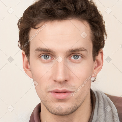 Neutral white young-adult male with short  brown hair and grey eyes