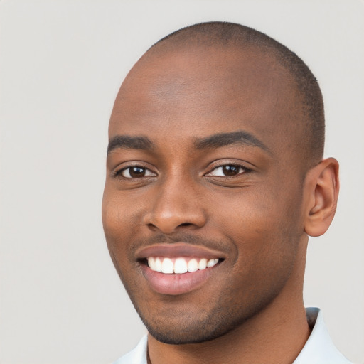 Joyful black young-adult male with short  brown hair and brown eyes