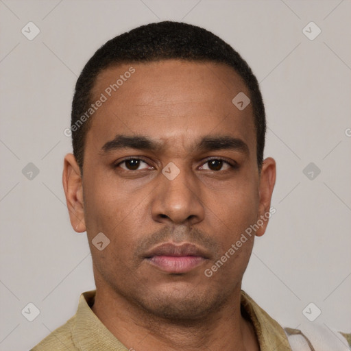 Neutral latino young-adult male with short  black hair and brown eyes