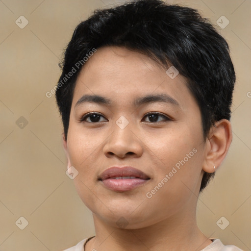 Joyful asian young-adult female with short  brown hair and brown eyes