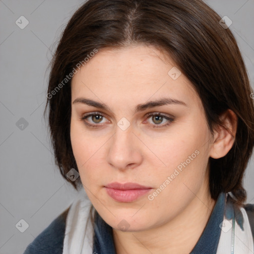 Neutral white young-adult female with medium  brown hair and brown eyes