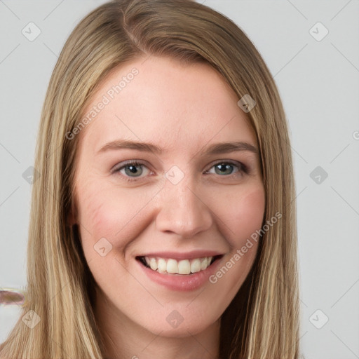 Joyful white young-adult female with long  brown hair and grey eyes