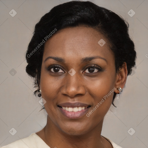 Joyful black young-adult female with medium  black hair and brown eyes