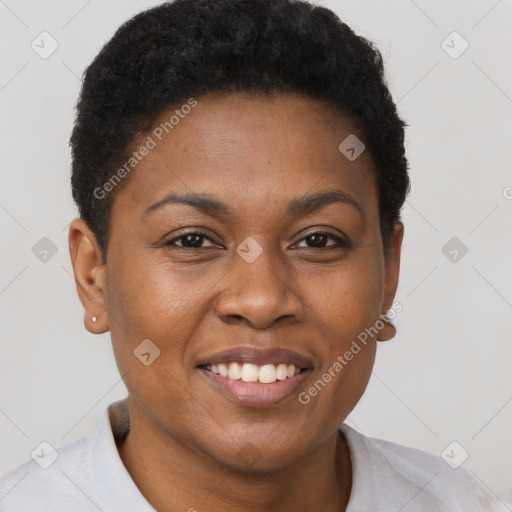 Joyful black young-adult female with short  brown hair and brown eyes