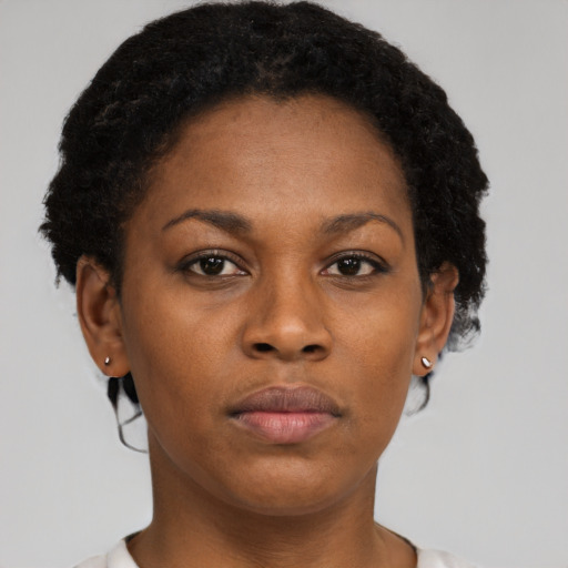 Neutral black adult female with short  brown hair and brown eyes