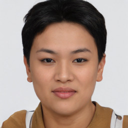 Neutral asian young-adult female with short  black hair and brown eyes