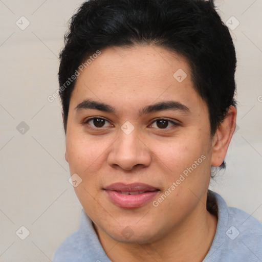 Joyful asian young-adult female with short  brown hair and brown eyes