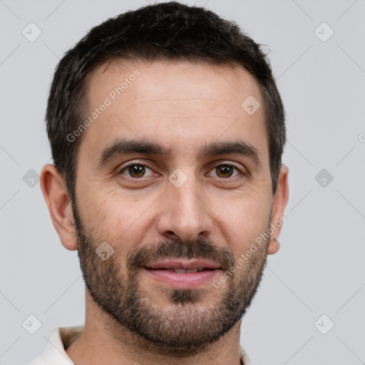 Joyful white young-adult male with short  brown hair and brown eyes