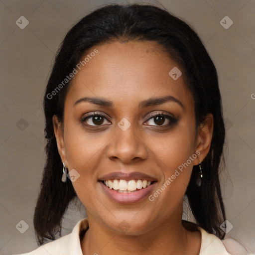 Joyful black young-adult female with medium  brown hair and brown eyes